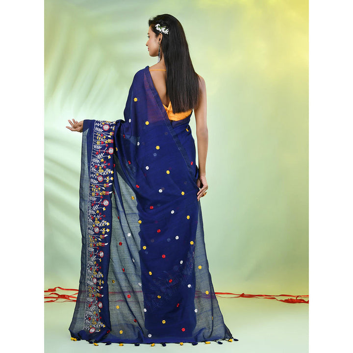 CHARUKRITI Navy Blue Floral Embroidery Cotton Saree with Unstitched Blouse