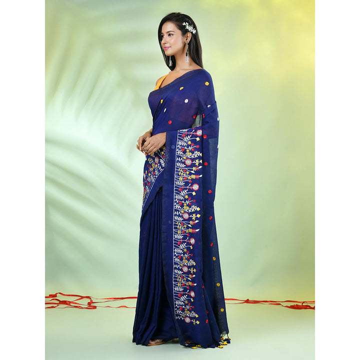 CHARUKRITI Navy Blue Floral Embroidery Cotton Saree with Unstitched Blouse