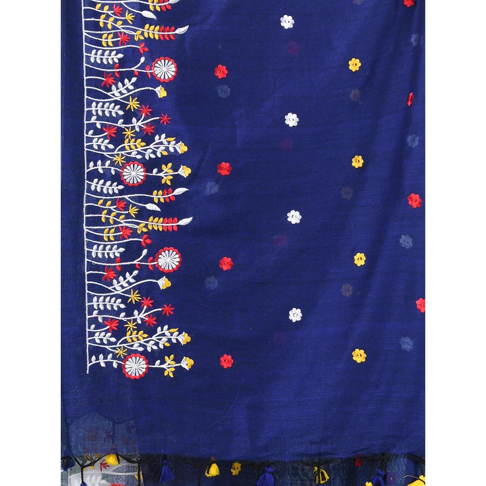 CHARUKRITI Navy Blue Floral Embroidery Cotton Saree with Unstitched Blouse