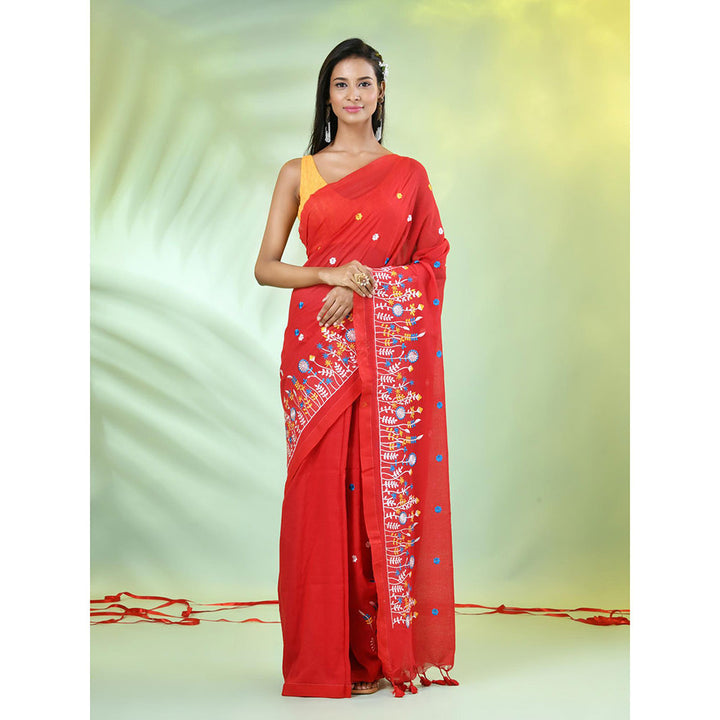 CHARUKRITI Red Floral Embroidery Cotton Saree with Unstitched Blouse