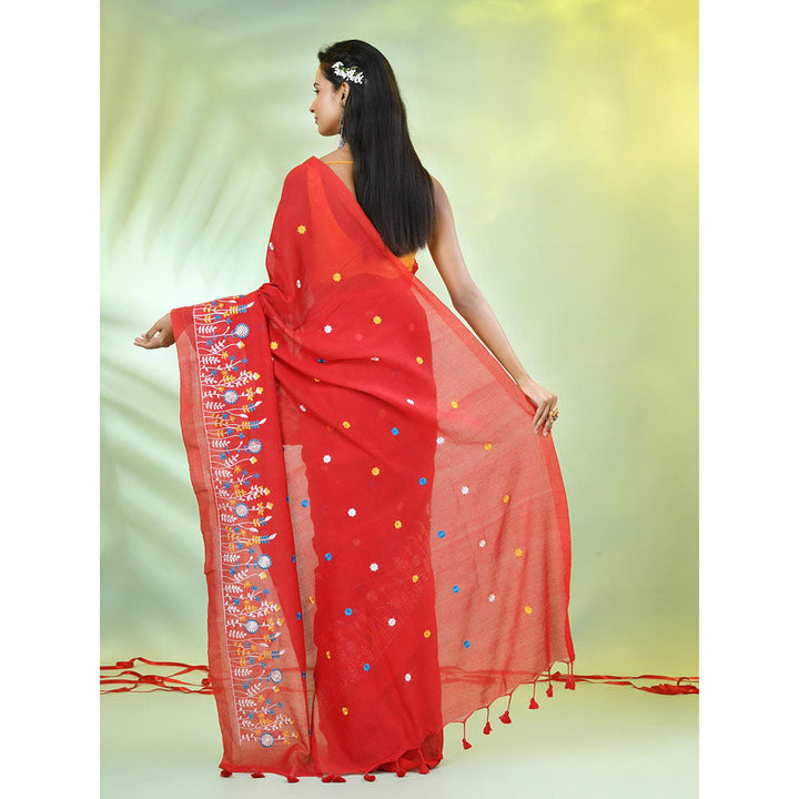 CHARUKRITI Red Floral Embroidery Cotton Saree with Unstitched Blouse