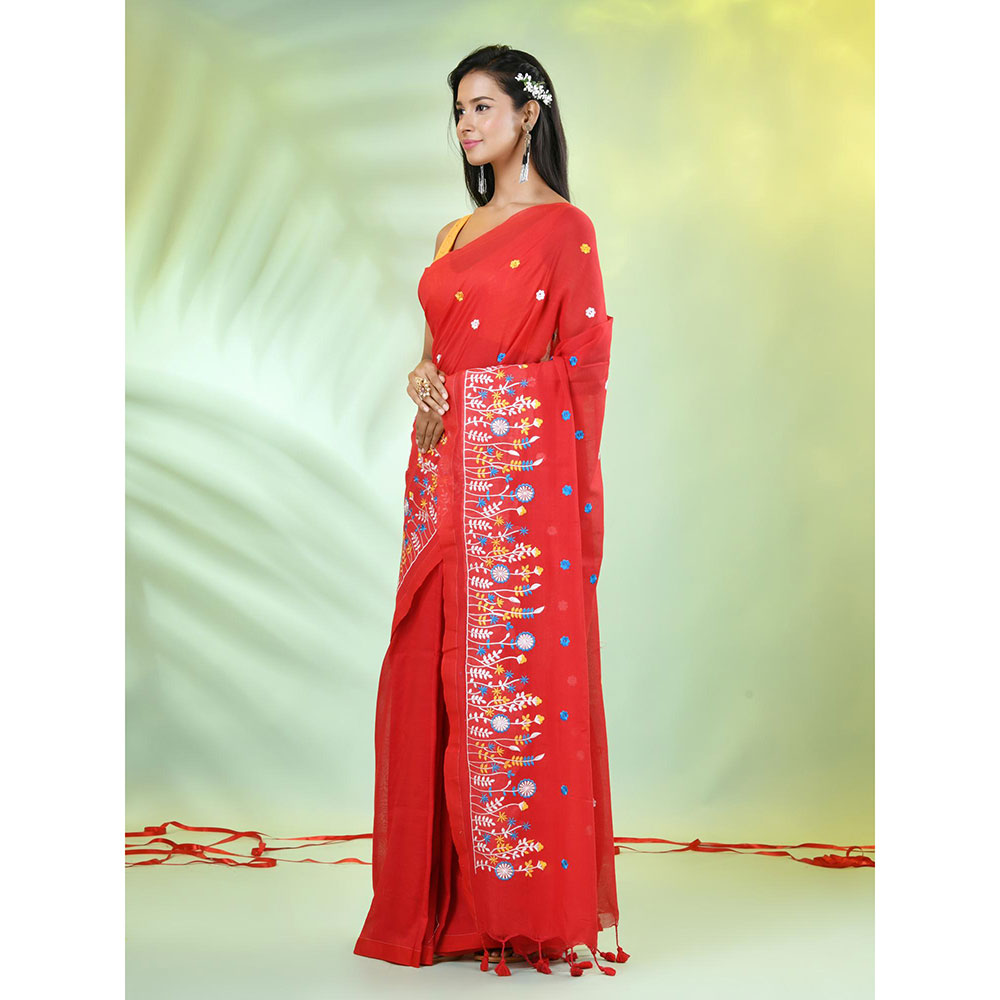 CHARUKRITI Red Floral Embroidery Cotton Saree with Unstitched Blouse