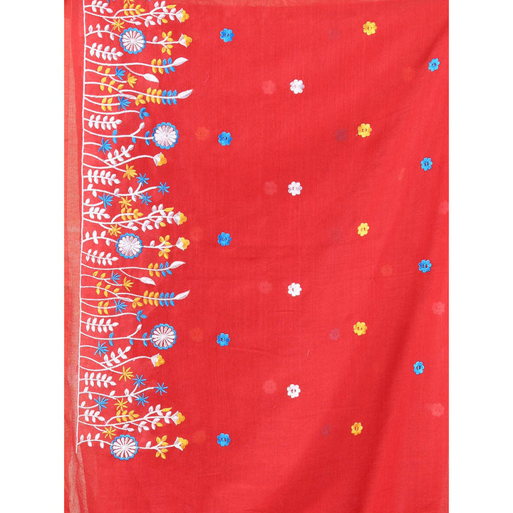 CHARUKRITI Red Floral Embroidery Cotton Saree with Unstitched Blouse