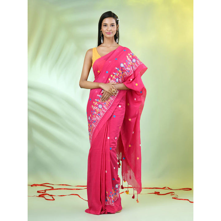 CHARUKRITI Pink Floral Embroidery Cotton Saree with Unstitched Blouse