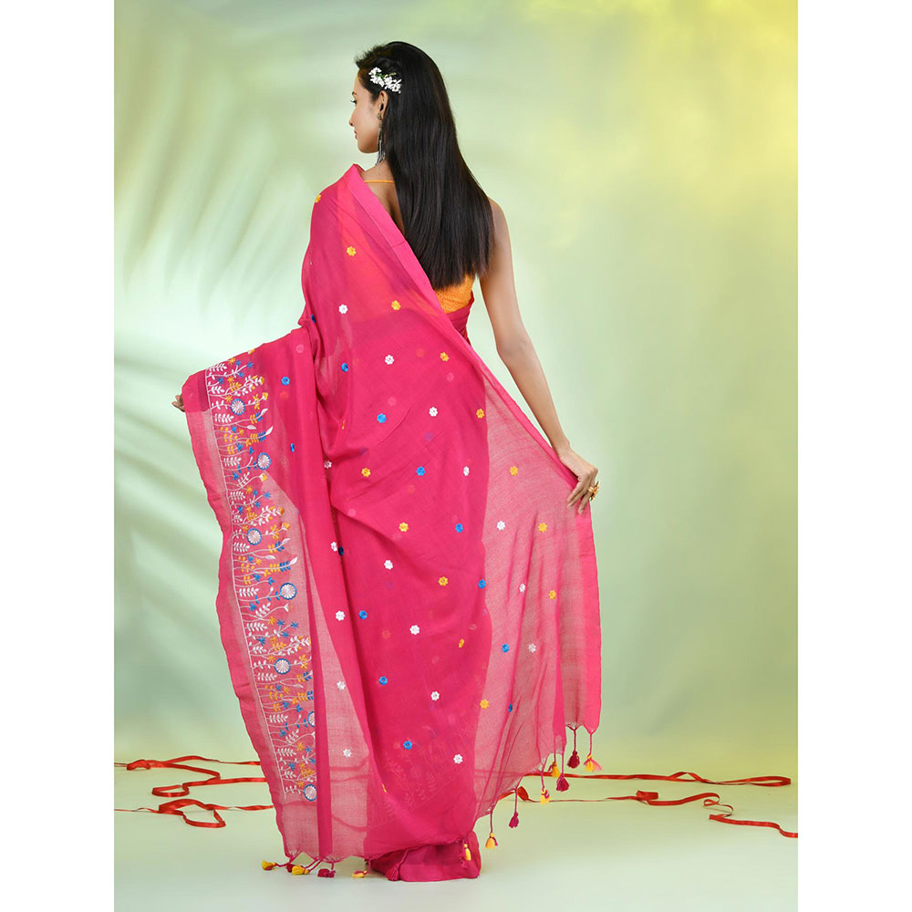 CHARUKRITI Pink Floral Embroidery Cotton Saree with Unstitched Blouse