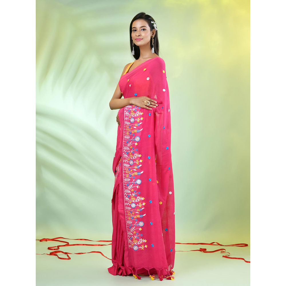 CHARUKRITI Pink Floral Embroidery Cotton Saree with Unstitched Blouse