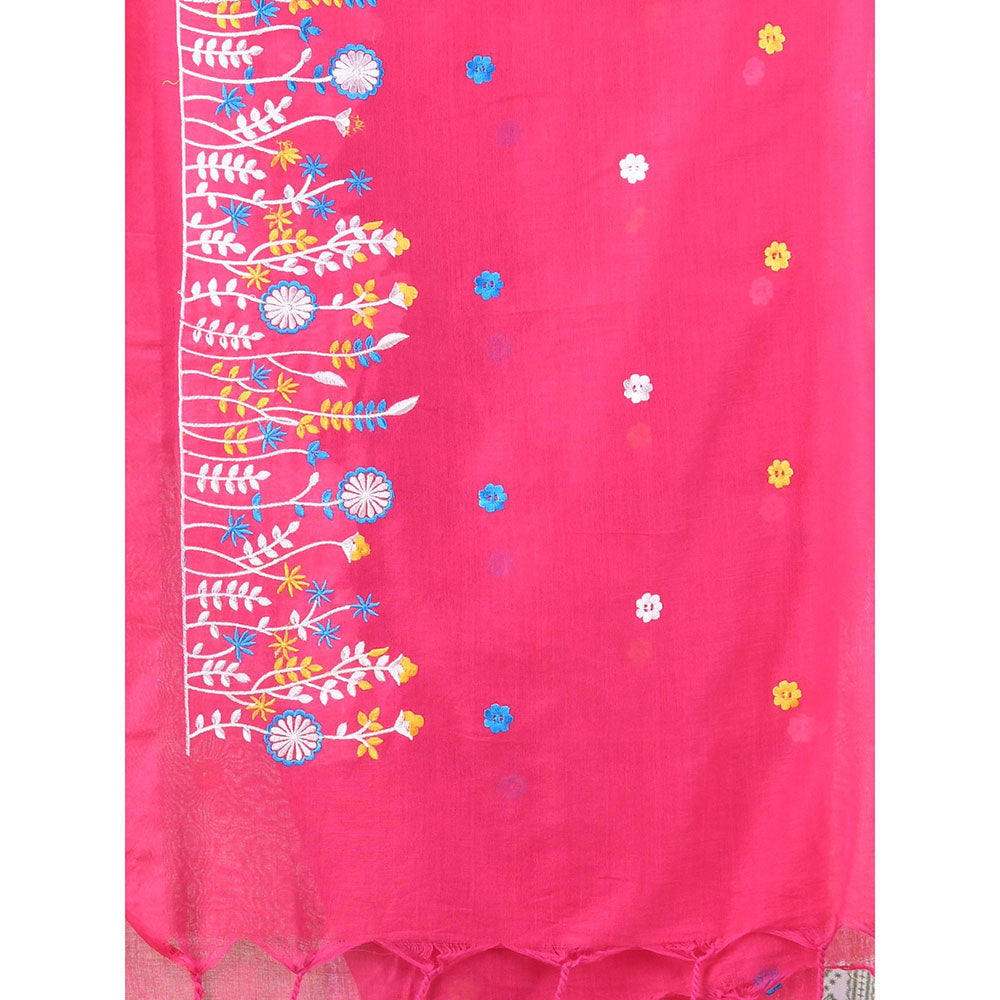 CHARUKRITI Pink Floral Embroidery Cotton Saree with Unstitched Blouse