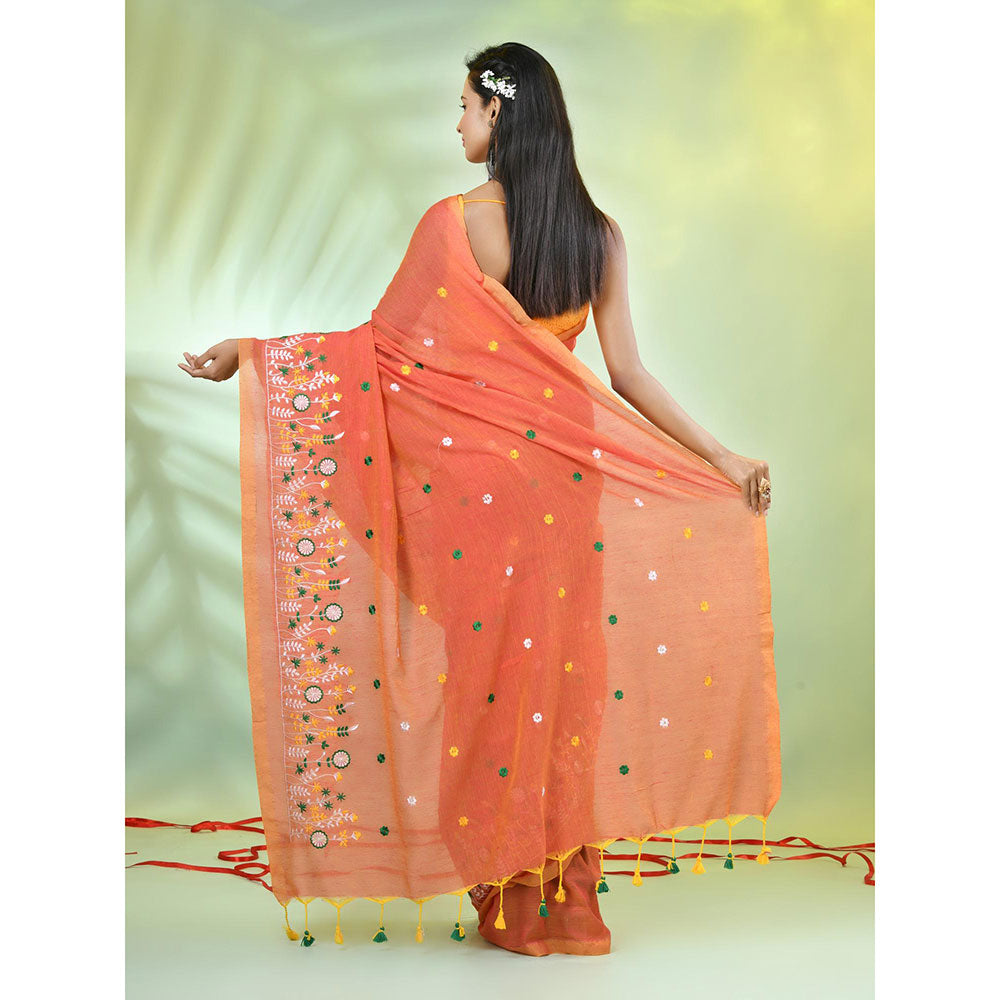 CHARUKRITI Orange Floral Embroidery Cotton Saree with Unstitched Blouse