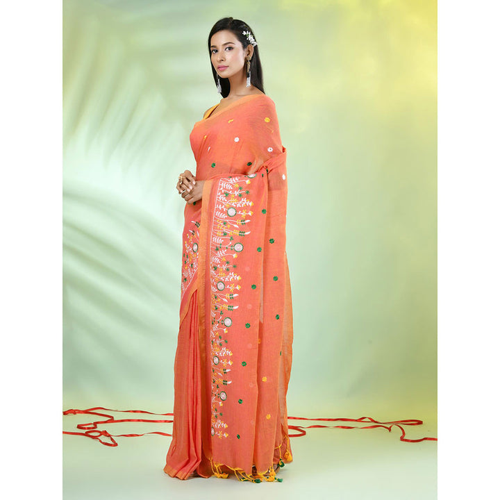 CHARUKRITI Orange Floral Embroidery Cotton Saree with Unstitched Blouse