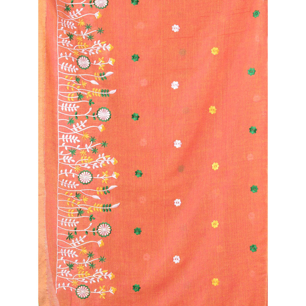 CHARUKRITI Orange Floral Embroidery Cotton Saree with Unstitched Blouse