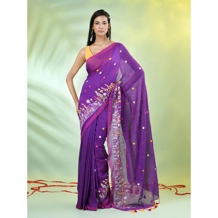 CHARUKRITI Purple Floral Embroidery Cotton Saree with Unstitched Blouse