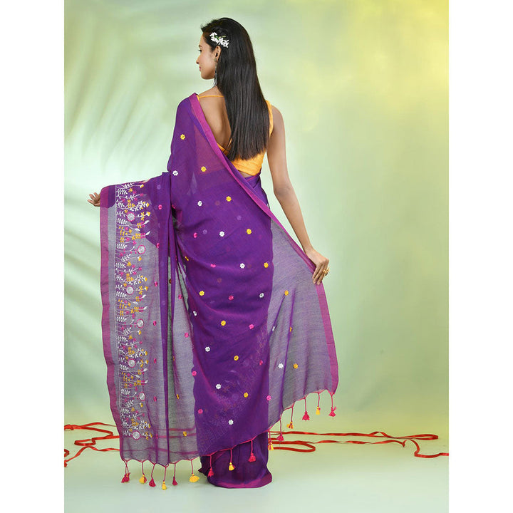 CHARUKRITI Purple Floral Embroidery Cotton Saree with Unstitched Blouse