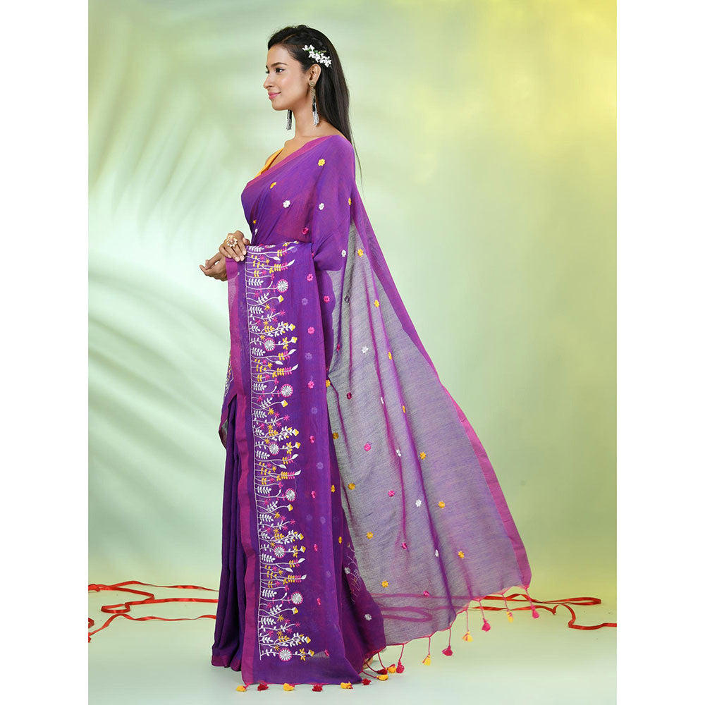 CHARUKRITI Purple Floral Embroidery Cotton Saree with Unstitched Blouse