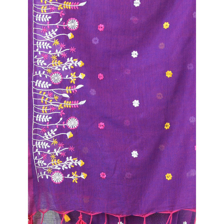 CHARUKRITI Purple Floral Embroidery Cotton Saree with Unstitched Blouse