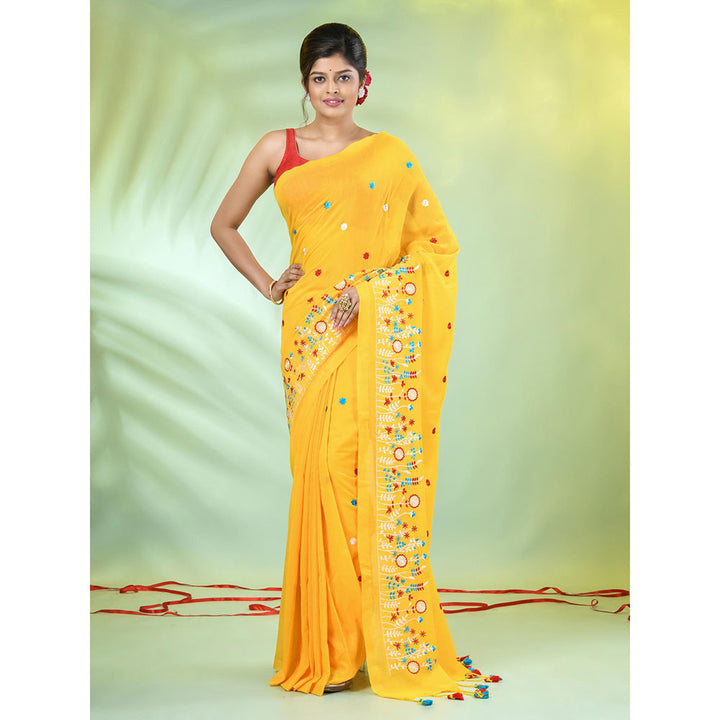 CHARUKRITI Yellow Floral Embroidery Cotton Saree with Unstitched Blouse