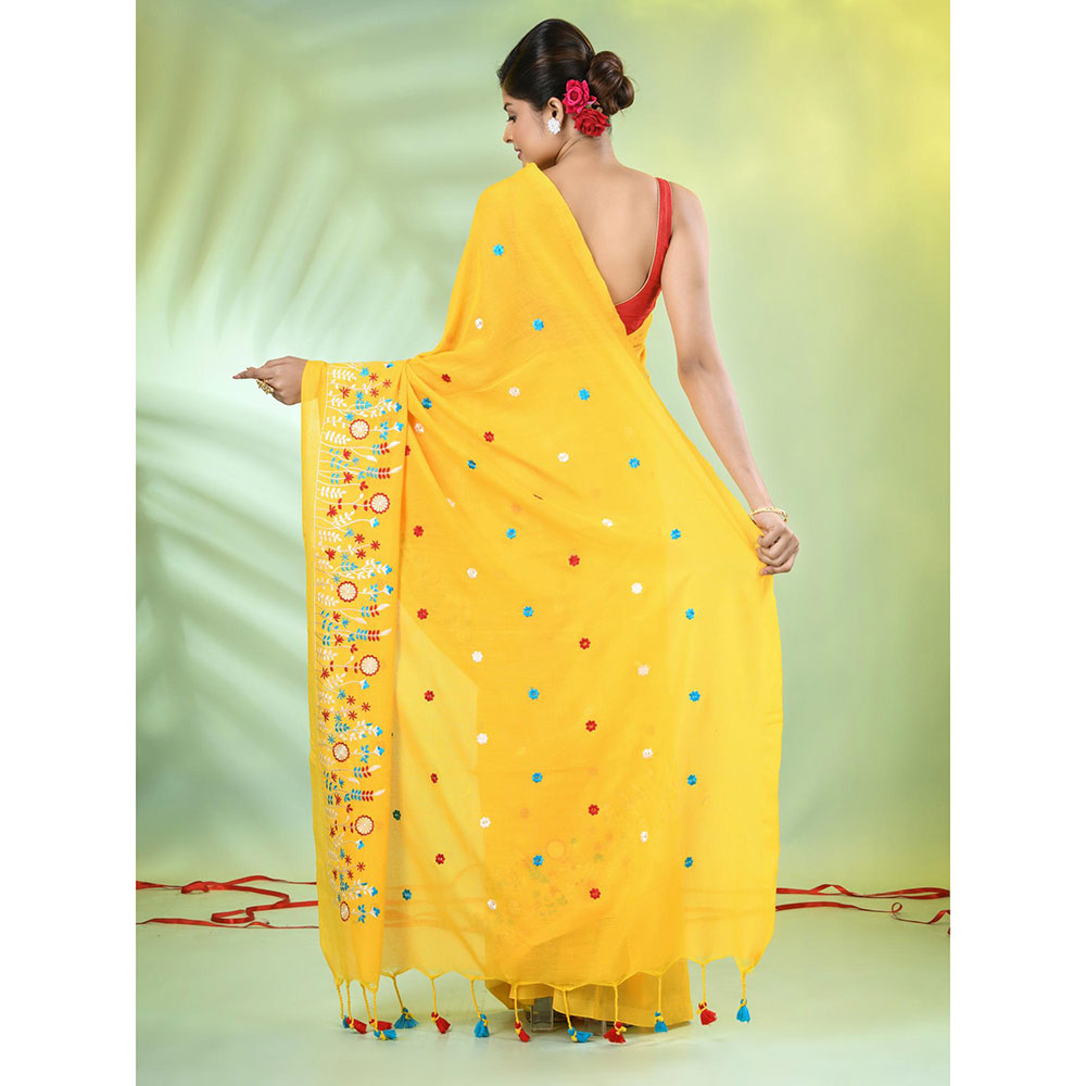 CHARUKRITI Yellow Floral Embroidery Cotton Saree with Unstitched Blouse