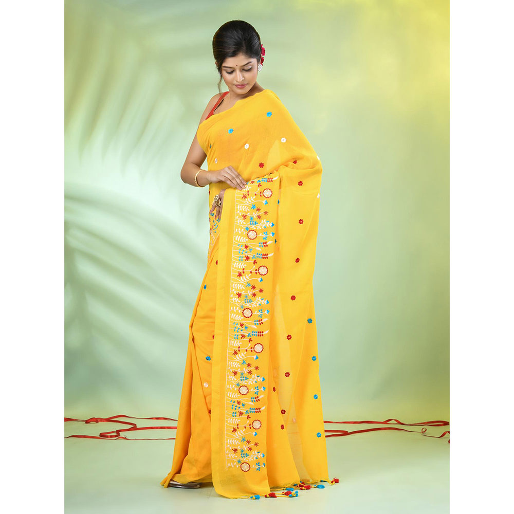 CHARUKRITI Yellow Floral Embroidery Cotton Saree with Unstitched Blouse