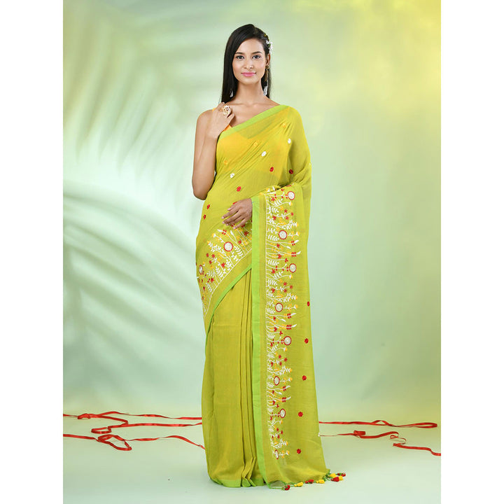 CHARUKRITI Lime Green Floral Embroidery Cotton Saree with Unstitched Blouse