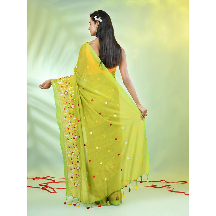 CHARUKRITI Lime Green Floral Embroidery Cotton Saree with Unstitched Blouse