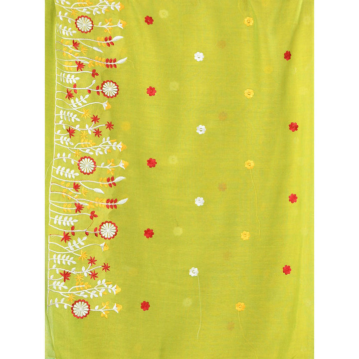 CHARUKRITI Lime Green Floral Embroidery Cotton Saree with Unstitched Blouse