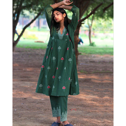 Chidiyaa Green Cotton Kurti, Pant (Set of )