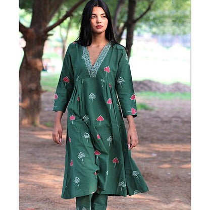 Chidiyaa Green Cotton Kurti, Pant (Set of )