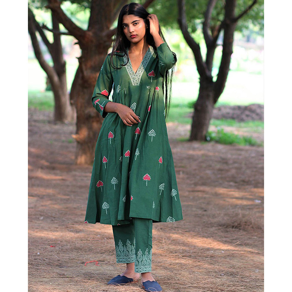 Chidiyaa Green Cotton Kurti, Pant (Set of )