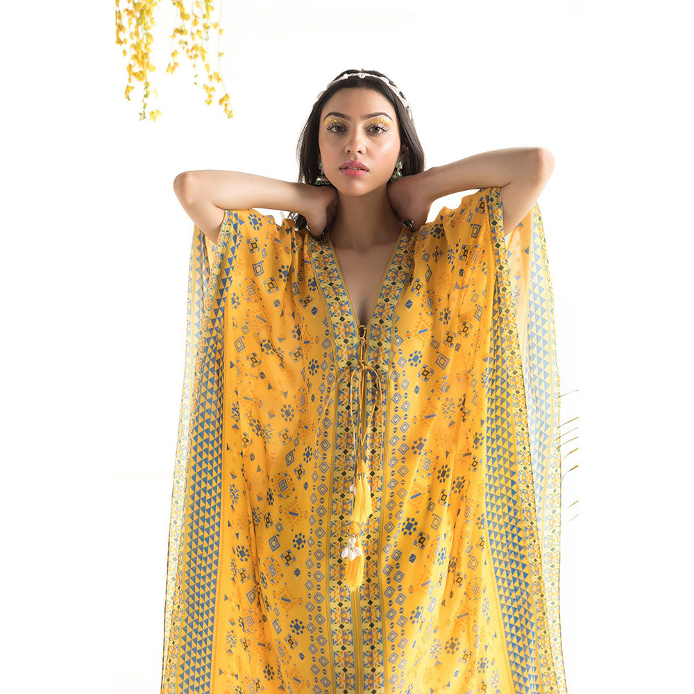 Chhavvi Aggarwal Yellow Printed Kaftan Dress