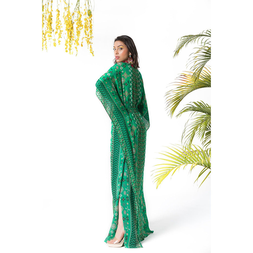 Chhavvi Aggarwal Green Printed Kaftan Dress with Belt (Set of 2)