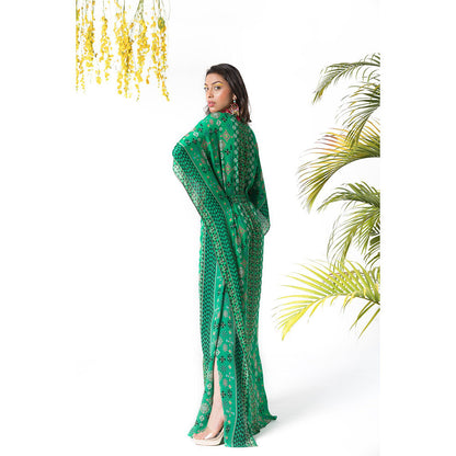Chhavvi Aggarwal Green Printed Kaftan Dress with Belt (Set of 2)