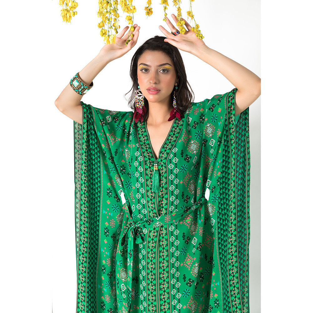 Chhavvi Aggarwal Green Printed Kaftan Dress with Belt (Set of 2)