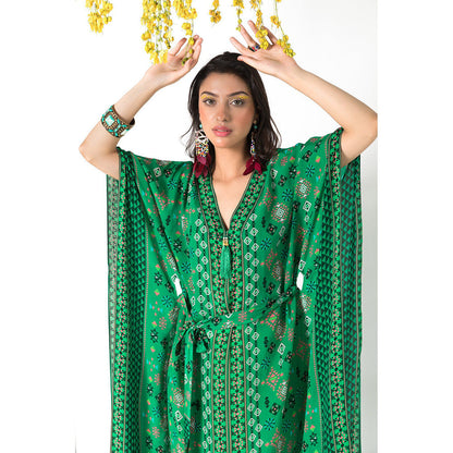 Chhavvi Aggarwal Green Printed Kaftan Dress with Belt (Set of 2)