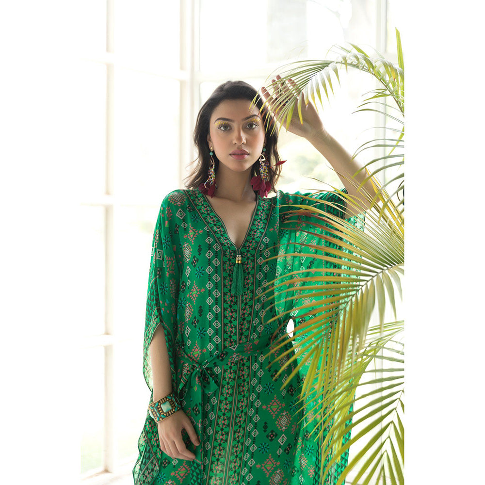 Chhavvi Aggarwal Green Printed Kaftan Dress with Belt (Set of 2)