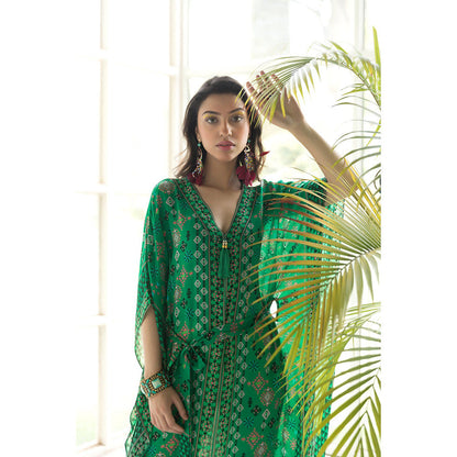 Chhavvi Aggarwal Green Printed Kaftan Dress with Belt (Set of 2)