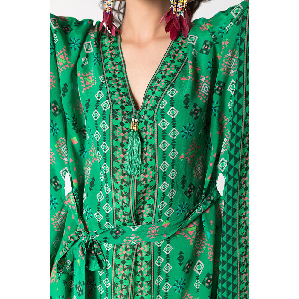 Chhavvi Aggarwal Green Printed Kaftan Dress with Belt (Set of 2)