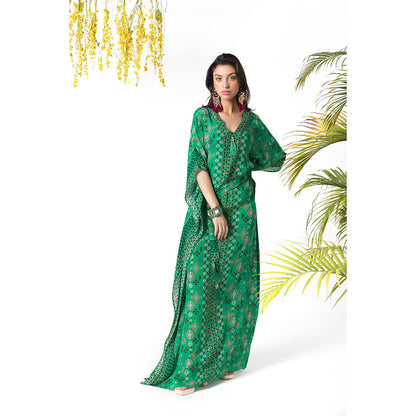 Chhavvi Aggarwal Green Printed Kaftan Dress with Belt (Set of 2)