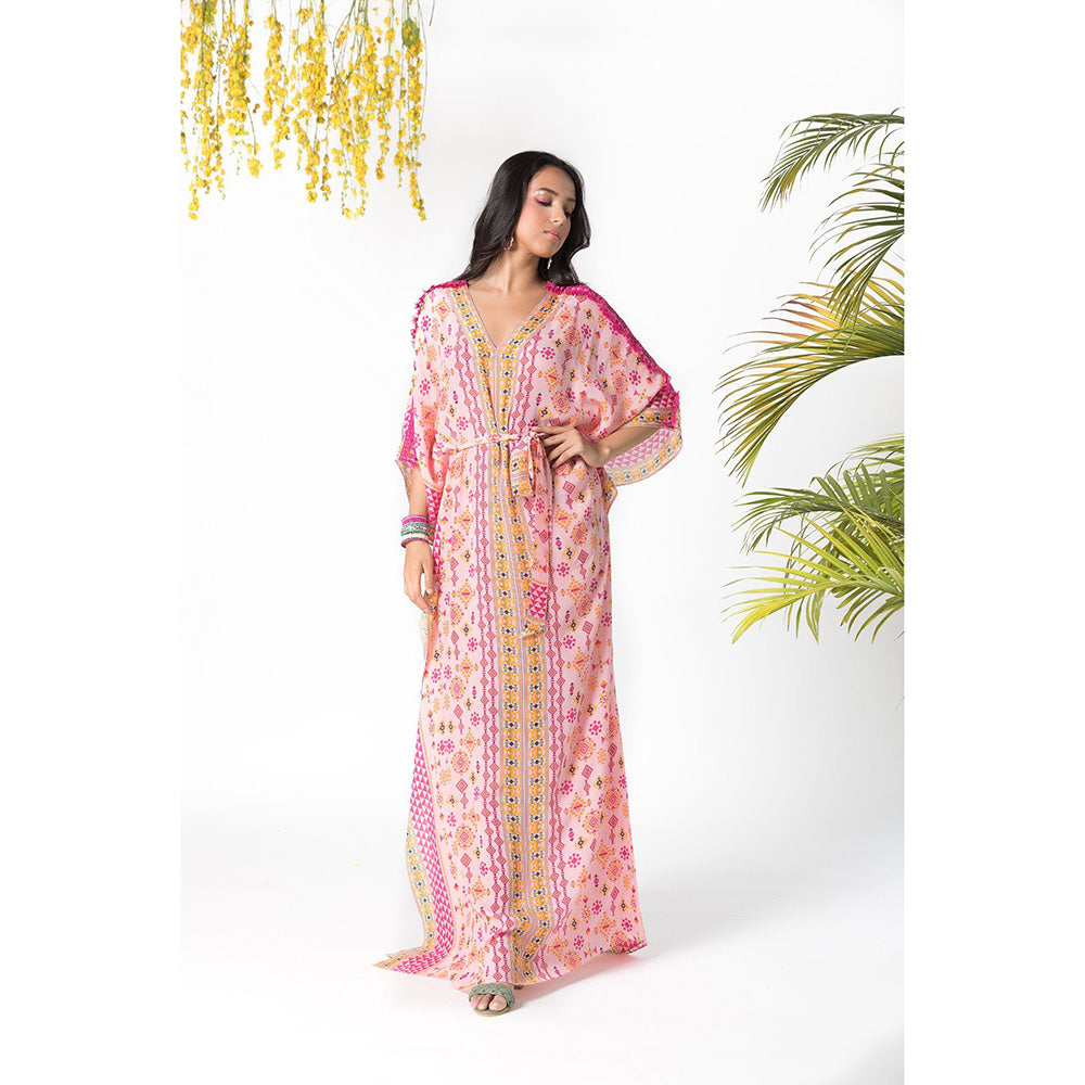 Chhavvi Aggarwal Pink Printed Kaftan Dress with Belt (Set of 2)