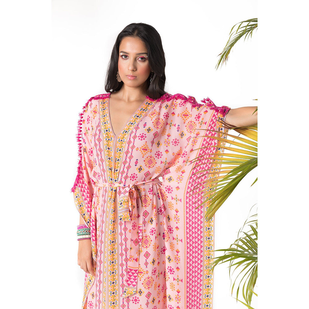 Chhavvi Aggarwal Pink Printed Kaftan Dress with Belt (Set of 2)
