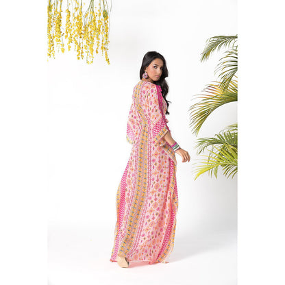Chhavvi Aggarwal Pink Printed Kaftan Dress with Belt (Set of 2)