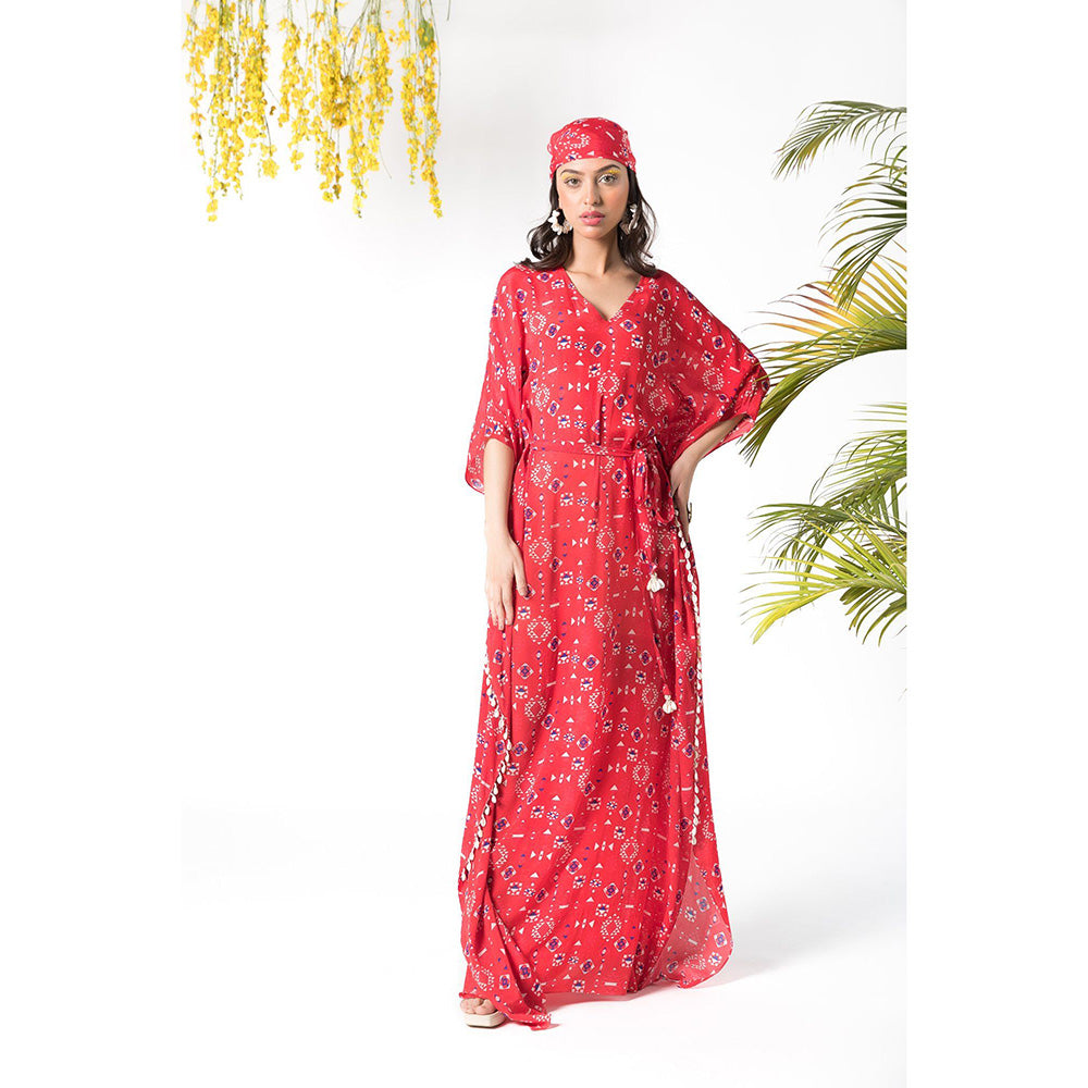 Chhavvi Aggarwal Red Printed Kaftan Dress with Belt (Set of 2)