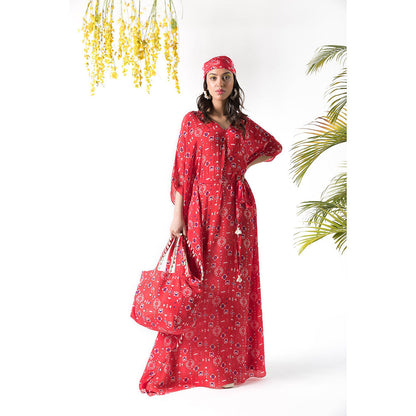 Chhavvi Aggarwal Red Printed Kaftan Dress with Belt (Set of 2)