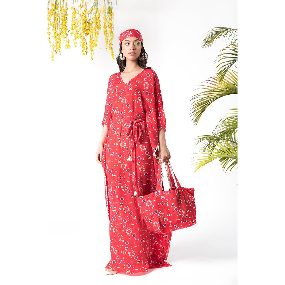 Chhavvi Aggarwal Red Printed Kaftan Dress with Belt (Set of 2)