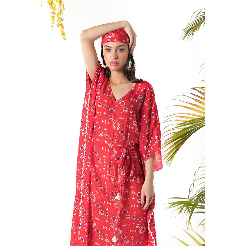 Chhavvi Aggarwal Red Printed Kaftan Dress with Belt (Set of 2)