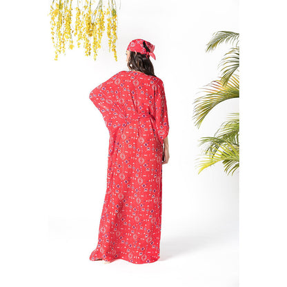 Chhavvi Aggarwal Red Printed Kaftan Dress with Belt (Set of 2)
