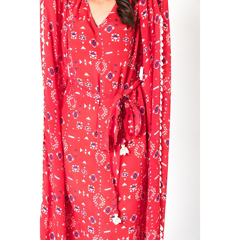 Chhavvi Aggarwal Red Printed Kaftan Dress with Belt (Set of 2)