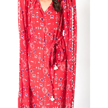Chhavvi Aggarwal Red Printed Kaftan Dress with Belt (Set of 2)
