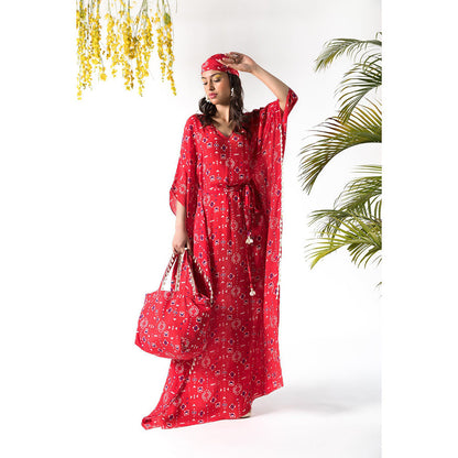 Chhavvi Aggarwal Red Printed Kaftan Dress with Belt (Set of 2)