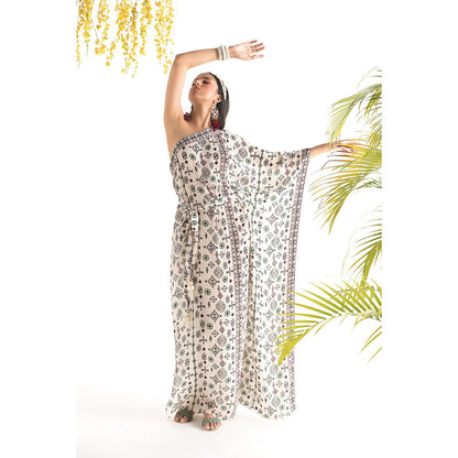 Chhavvi Aggarwal Ivory Printed Kaftan Dress with Belt (Set of 2)