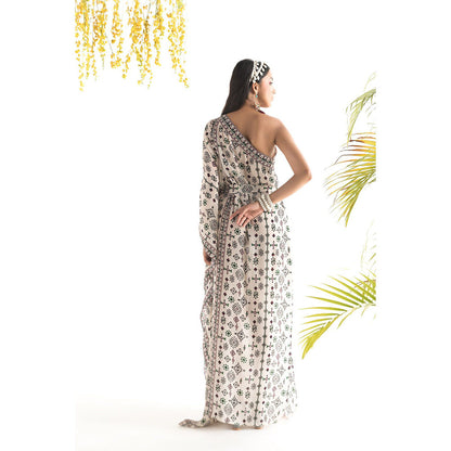 Chhavvi Aggarwal Ivory Printed Kaftan Dress with Belt (Set of 2)