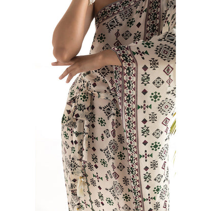 Chhavvi Aggarwal Ivory Printed Kaftan Dress with Belt (Set of 2)